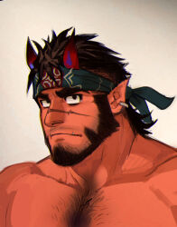 Rule 34 | 1boy, bara, beard, black hair, colored skin, earrings, facial hair, fang, fang out, full beard, gradient horns, headband, horns, jewelry, male focus, mature male, monster boy, multicolored horns, nude, oni, original, pectorals, pointy ears, portrait, red horns, red oni, red oni (saltypoundcake), red skin, saltypoundcake, scar, scar on face, scar on nose, serious, solo, sparse chest hair, thick beard, thick eyebrows, tusks