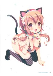Rule 34 | 1girl, absurdres, all fours, animal ears, bell, bikini, bikini top only, black bikini, black bow, black tail, black thighhighs, blush, bottomless, bow, cat ears, cat tail, fake animal ears, fang, fish hair ornament, flower, hair flower, hair ornament, hairband, highres, hinako note, jingle bell, lace, lace-trimmed hairband, lace-trimmed legwear, lace trim, light brown hair, low twintails, march-bunny, neck ribbon, open mouth, page number, paw pose, pet play, pink eyes, plaid, plaid bikini, plaid hair ornament, plaid legwear, red hairband, red ribbon, ribbon, sakuragi hinako, scan, solo, swimsuit, tail, thighhighs, twintails, unmoving pattern