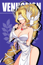 Rule 34 | 1girl, absurdly long hair, bird, blindfold, blonde hair, breasts, cleavage, digimon, highres, jewelry, large breasts, lipstick, long hair, makeup, necklace, o-ring, saliva, scallop, venusmon, very long hair