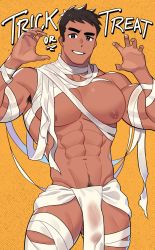 Rule 34 | 1boy, abs, absurdres, armpit hair, bandaged arm, bandaged leg, bandages, bara, black hair, halloween, highres, large pectorals, male focus, milkiato, mummy costume, muscular, muscular male, naked bandage, navel, nipples, original, pectorals, see-through, short hair, smile, solo, teeth, trick or treat