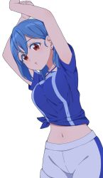 Rule 34 | 1girl, arms up, blue hair, blue shirt, brown eyes, earrings, highres, jenny (je2live), jewelry, looking at viewer, love live!, love live! superstar!!, midriff, navel, open mouth, pants, shirt, short hair, short sleeves, simple background, solo, stud earrings, tied shirt, wakana shiki, white background, white pants