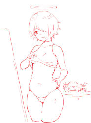 Rule 34 | 1girl, 3:, arknights, belly grab, breasts, burger, clothes lift, exusiai (arknights), food, food on face, hair over one eye, halo, kfc, lifted by self, monochrome, navel, no pants, panties, plump, shirt lift, short hair, simple background, skindentation, small breasts, solo, string panties, underwear, weight conscious, xiaoshou xiansheng