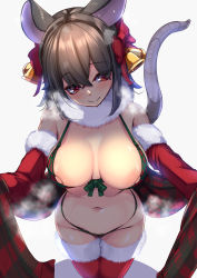 Rule 34 | 1girl, animal ears, bell, bow, breasts, cape, christmas, closed mouth, commentary, detached sleeves, fur-trimmed cape, fur-trimmed legwear, fur-trimmed sleeves, fur trim, green ribbon, grey hair, hair bell, hair bow, hair ornament, heart, heart-shaped pupils, highres, large breasts, light blush, mouse (animal), mouse ears, mouse girl, navel, nazrin, nipples, red bow, red eyes, red thighhighs, ribbon, short hair, simple background, smile, solo, steam, strapless, symbol-shaped pupils, thighhighs, touhou, white background, yukito (dreamrider)