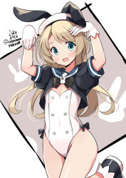 Rule 34 | 1girl, :d, adapted costume, animal ears, bare legs, black footwear, blonde hair, blue eyes, blue sailor collar, blush, dated, fake animal ears, gloves, jervis (kancolle), kantai collection, leotard, long hair, odawara hakone, one-hour drawing challenge, open mouth, playboy bunny, rabbit ears, rabbit pose, sailor collar, shoes, short sleeves, smile, solo, twitter username, white gloves, white leotard