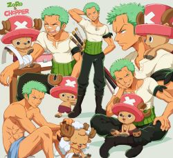Rule 34 | 2boys, abs, bathing, blush stickers, character name, drying, earrings, green hair, happy, highres, holding, holding towel, horns, injury, jewelry, katana, looking at another, looking to the side, male focus, multiple boys, muscular, muscular male, naked towel, oekakiboya, one piece, pectoral cleavage, pectoral focus, pectorals, roronoa zoro, scar, short hair, sitting, size difference, standing, sword, tony tony chopper, topless male, towel, towel around neck, towel on head, upper body, weapon