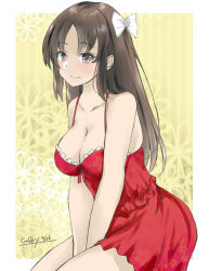 Rule 34 | 1girl, alternate costume, black eyes, black hair, bow, breasts, cleavage, commentary request, cowboy shot, dress, gakky, hair bow, hiyou (kancolle), kantai collection, large breasts, looking at viewer, one-hour drawing challenge, red dress, sitting, sleeveless, sleeveless dress, smile, solo, spaghetti strap, white bow
