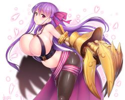 Rule 34 | 10s, 1girl, artist name, belt, black pantyhose, blush, breasts, buckle, claws, doyouwantto, fate/extra, fate/extra ccc, fate (series), hair ribbon, huge breasts, long hair, looking at viewer, navel, open mouth, pantyhose, passionlip (fate), petals, purple eyes, purple hair, revealing clothes, ribbon, simple background, solo, very long hair, white background