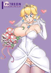 Rule 34 | 1girl, absurdres, bare shoulders, blonde hair, blue eyes, bouquet, bow, grabbing another&#039;s breast, breast sucking, breasts, bridal veil, bride, choker, cleft of venus, clothes pull, collarbone, cowboy shot, dress, dress pull, earrings, elbow gloves, eyelashes, flipped hair, flower, gloves, gluteal fold, grabbing, hand up, heart, highres, holding, holding bouquet, jewelry, large breasts, leaf, lips, looking at another, looking down, mario (series), nauth, nauthleroy, nintendo, no panties, one breast out, outline, parted lips, patreon logo, pendant, pink lips, pink ribbon, piranha plant, plant, polka dot, princess peach, purple background, pussy, ribbon, sharp teeth, short hair, simple background, solo focus, standing, strapless, strapless dress, super mario odyssey, teeth, tentacles, thighhighs, tiara, tongue, tongue out, veil, vines, watermark, web address, wedding dress, white choker, white dress, white gloves, yellow outline