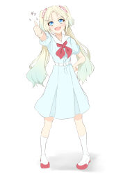 Rule 34 | 1girl, absurdres, ankle socks, aqua hair, blonde hair, blue eyes, commentary, dress, fang, flower, full body, gradient hair, hair flower, hair ornament, hand on own hip, hasu no sora school uniform, highres, link! like! love live!, loafers, long hair, looking at viewer, love live!, medium dress, multicolored hair, neckerchief, osawa rurino, parted bangs, pink flower, pleated dress, red footwear, red neckerchief, sailor collar, sailor dress, school uniform, shadow, shoes, short sleeves, simple background, skin fang, socks, solo, sparkle, standing, summer uniform, thumbs up, tomoe (tomoe 200), twintails, two-tone footwear, v-shaped eyebrows, virtual youtuber, white background, white dress, white flower, white footwear, white sailor collar, white socks