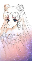 Rule 34 | 1girl, bare shoulders, bishoujo senshi sailor moon, breasts, cleavage, closed mouth, crescent, crescent facial mark, double bun, dress, earrings, facial mark, forehead mark, hair ornament, highres, jewelry, long hair, looking at viewer, medium breasts, princess serenity, sailor moon, simple background, solo, strapless, tsukino usagi, twintails, very long hair
