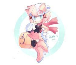 Rule 34 | 1girl, 2021, amy rose, bag, beanie, boots, cosplay, creatures (company), crossover, dawn (pokemon), dawn (pokemon) (cosplay), duffel bag, ears through headwear, eyelashes, full body, furry, furry female, game freak, gloves, green eyes, hand on own hip, hat, nintendo, pink footwear, pokemon, pokemon dppt, quark196, red scarf, scarf, signature, smile, solo, sonic (series), sparkle, white gloves