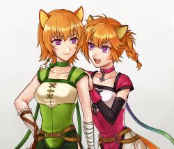 Rule 34 | 2girls, animal ears, bandaged arm, bandages, belt, cat ears, cat tail, choker, closed mouth, fire emblem, fire emblem: radiant dawn, gloves, hair between eyes, hand guard, hazuki (nyorosuke), lethe (fire emblem), lyre (fire emblem), multiple girls, nintendo, o-ring, o-ring belt, open mouth, orange hair, purple eyes, short hair, siblings, simple background, sisters, smile, tail, twins, upper body, white background