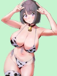 Rule 34 | 1girl, amano don, animal print, bell, bikini, black hair, blush, bob cut, breasts, choker, collarbone, cow print, front-tie top, green background, highres, large breasts, looking at viewer, mole, mole on stomach, mole on thigh, multiple moles, neck bell, original, parted lips, purple eyes, short hair, side-tie bikini bottom, solo, swimsuit, thighhighs