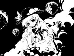 Rule 34 | 1girl, bow, cloud, dress, food, fruit, greyscale, hat, hinanawi tenshi, keystone, kongari (kngr), long hair, looking at viewer, monochrome, outstretched arm, peach, sky, smile, solo, touhou