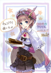 Rule 34 | 10s, 1girl, 2010, absurdres, atelier (series), atelier rorona, blue eyes, brown dress, brown hair, copyright name, dated, dress, feathers, female focus, food, highres, kishida mel, open mouth, pie, plate, rororina fryxell, solo, star (symbol), translation request