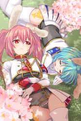 Rule 34 | 2girls, animal ears, armband, blue hair, cherry blossoms, chiester410, chiester45, chiester sisters, drooling, gloves, grass, highres, kamaboko red, light smile, long hair, looking at another, lying, multiple girls, on back, pink hair, rabbit ears, red eyes, short hair, showgirl skirt, sleeping, thighhighs, twintails, umineko no naku koro ni