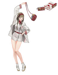 Rule 34 | 1girl, absurdres, bag, belt, braid, buttons, coat, commentary, d-pad, d-pad hair ornament, dress, english commentary, famicom, famicom cartridge, fashion, full body, game cartridge, game console, hair ornament, hair over shoulder, hairband, hand on own hip, handbag, highres, light brown hair, medium hair, nauj k, neckerchief, one eye closed, open clothes, open coat, original, personification, platform footwear, red belt, red hairband, reference inset, shoes, short dress, solo, thigh gap, twin braids, white background, white coat, white footwear