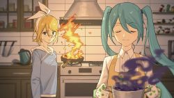Rule 34 | 2girls, apron, aqua hair, bad food, blonde hair, blue eyes, blue hoodie, bow, closed eyes, condiment, cooking pot, counter, explosion, fire, frying pan, hair between eyes, hair bow, hatsune miku, holding, holding cooking pot, hood, hoodie, indoors, kagamine rin, kitchen, kitchen knife, multiple girls, nervous, oven mitts, shelf, smile, smoke, stove, sweatdrop, swept bangs, toaster, turn pale, twintails, vocaloid, wounds404