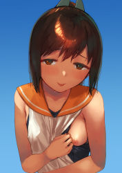 Rule 34 | 1girl, blue background, blush, breasts, brown eyes, brown hair, clothes pull, commentary request, half-closed eyes, highres, i-401 (kancolle), kantai collection, looking at viewer, nipples, one-piece swimsuit, one-piece swimsuit pull, one-piece tan, orange sailor collar, ponytail, sailor collar, shiden (sashimi no wife), simple background, sleeveless, small breasts, solo, sweat, swimsuit, swimsuit under clothes, tan, tanline, tongue, tongue out, upper body