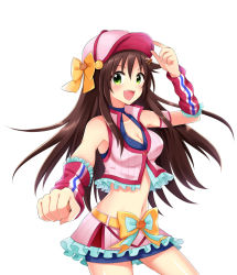 Rule 34 | 10s, 1girl, :d, adjusting clothes, adjusting headwear, arm warmers, bad id, bad pixiv id, baseball cap, blush, bow, breasts, brown hair, cleavage, crop top, frills, green eyes, hair ornament, hairclip, hat, himekawa yuki, idolmaster, idolmaster cinderella girls, long hair, midriff, navel, open mouth, outstretched arm, pu uq, shiny skin, simple background, skirt, smile, solo, white background