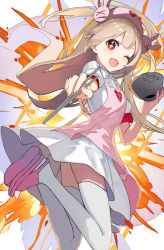 Rule 34 | 1girl, absurdres, apron, bowl, brown hair, chopsticks, commentary request, explosion, fang, hair ornament, hat, highres, long hair, natori sana, nurse cap, one eye closed, open mouth, red eyes, sana channel, shuuha arutsu, solo, thighhighs, virtual youtuber