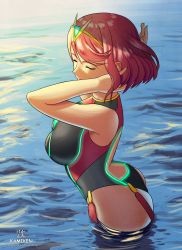 Rule 34 | 1girl, ass, backlighting, black one-piece swimsuit, breasts, closed eyes, competition swimsuit, covered navel, cowboy shot, fingerless gloves, from side, gloves, glowing, hand in own hair, highres, kami mitsugu (kamiken), large breasts, nintendo, one-piece swimsuit, pyra (pro swimmer) (xenoblade), pyra (xenoblade), red hair, short hair, sidelocks, simple background, solo, swept bangs, swimsuit, tiara, wading, water, watermark, web address, xenoblade chronicles (series), xenoblade chronicles 2