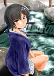 Rule 34 | 1girl, amagami, between legs, black hair, blue kimono, blush, boulder, brown eyes, commentary, from above, from side, hand between legs, japanese clothes, kimono, looking at viewer, looking to the side, looking up, murasaki iro, nanasaki ai, onsen, parted lips, partially submerged, resolution mismatch, rock, short hair, sitting, smile, soaking feet, solo, source larger, water, white kimono, yukata