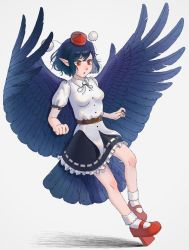 Rule 34 | 1girl, :o, belt, bird wings, black hair, black ribbon, black skirt, black wings, bobby socks, breasts, brown belt, channel ikihaji, collared shirt, commentary request, feathered wings, frilled skirt, frilled sleeves, frills, full body, geta, hat, medium breasts, open mouth, pointy ears, pom pom (clothes), puffy short sleeves, puffy sleeves, red eyes, red footwear, red hat, ribbon, ribbon-trimmed skirt, ribbon trim, shameimaru aya, shirt, short hair, short sleeves, simple background, skirt, socks, tengu-geta, tokin hat, touhou, white background, white shirt, white socks, wings