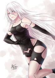 Rule 34 | 1girl, absurdres, akina (cspsmac31126), android, artist name, bad id, bad pixiv id, black gloves, black tank top, blue eyes, breasts, collarbone, elbow gloves, gloves, highres, long hair, medium breasts, mole, mole under mouth, nier:automata, nier (series), patterned clothing, silver hair, solo, tank top, torn clothes, very long hair, a2 (nier:automata)