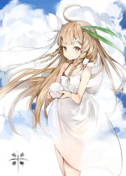 Rule 34 | 1girl, ahoge, bangle, bare arms, bare shoulders, blue sky, blush, bow, bowl, bracelet, braid, brown eyes, brown hair, closed mouth, cloud, cloudy sky, collarbone, commentary request, day, dress, hair bow, hair ornament, hairclip, highres, holding, holding bowl, jewelry, long hair, navel, original, outdoors, revision, rice, rice bowl, see-through, side braid, silver (chenwen), sky, smile, solo, twintails, very long hair, white bow, white dress