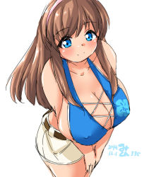 Rule 34 | 1girl, bad id, bad pixiv id, bare shoulders, blush, breast lift, breasts squeezed together, breasts, brown hair, cleavage, dead or alive, covered erect nipples, hanging breasts, hitomi (doa), huge breasts, large breasts, long hair, looking at viewer, mikomu, plump, short shorts, shorts, sideboob, smile, solo, standing, v arms