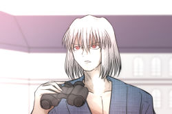 Rule 34 | 1boy, binoculars, confused, japanese clothes, male focus, open clothes, open mouth, red eyes, short hair, solo, tohno shiki (2), tsukihime, type-moon, typeakiha73, white hair