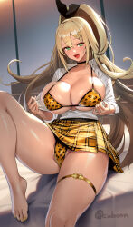 Rule 34 | 1girl, animal print, barefoot, bikini, bikini under clothes, blonde hair, blush, breasts, choker, cleavage, clothes around waist, collarbone, cuboon, goddess of victory: nikke, green eyes, hair intakes, hair ornament, hair ribbon, hairclip, high ponytail, jacket, jacket around waist, jewelry, large breasts, leopard print, long hair, long sleeves, looking at viewer, necklace, open clothes, open mouth, ribbon, rupee (nikke), shirt, sitting, skirt, smile, solo, swimsuit, white shirt, yellow bikini, yellow jacket, yellow skirt