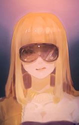 Rule 34 | 1girl, blonde hair, blunt bangs, breasts, cleavage, commentary, cyber diva, glasses, jacket, light smile, long hair, looking at viewer, mi no take, one eye covered, portrait, solo, tongue, tongue out, vocaloid, yellow jacket