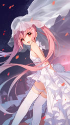 Rule 34 | 1girl, :d, bare arms, bare shoulders, bison cangshu, blush, bow, building, commentary request, dress, fang, feet out of frame, hair between eyes, hair ribbon, hidan no aria, highres, kanzaki h. aria, long hair, looking at viewer, looking to the side, night, night sky, open mouth, petals, pink hair, red eyes, red ribbon, ribbon, see-through, sidelocks, sky, skyscraper, sleeveless, sleeveless dress, smile, solo, star (sky), starry sky, thighhighs, twintails, veil, very long hair, white bow, white dress, white thighhighs