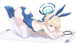 Rule 34 | 1girl, animal ears, artist name, ass, blonde hair, blue archive, blue eyes, blue footwear, blue hair, blue halo, blue leotard, blush, breasts, closed mouth, dan (kumadan), fake animal ears, fake tail, halo, high heels, highres, leotard, long hair, looking at viewer, medium breasts, multicolored hair, official alternate costume, rabbit ears, rabbit tail, signature, simple background, solo, strapless, strapless leotard, streaked hair, tail, thighhighs, toki (blue archive), toki (bunny) (blue archive), twitter username, white background, white thighhighs, wrist cuffs