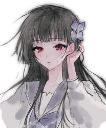 Rule 34 | 1girl, black hair, blush, chinese commentary, commentary request, flower, grey shirt, hair behind ear, hair flower, hair ornament, half-closed eyes, hand up, highres, long hair, long sleeves, looking at viewer, neckerchief, parted lips, purple flower, purple neckerchief, purple sailor collar, red eyes, sailor collar, sanka rea, sankarea, school uniform, serafuku, shirt, simple background, solo, tucking hair, upper body, wet, white background, xiao dan buding