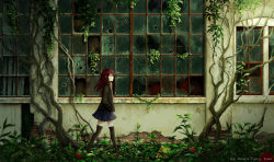 Rule 34 | 1girl, absurdres, black jacket, blue eyes, blue skirt, brick wall, broken glass, brown footwear, cargo pallet, english text, frown, full body, glass, guiyi tonghua, highres, ivy, jacket, leaf, long hair, looking ahead, open mouth, original, plant, pleated skirt, red hair, scarf, scenery, shoes, skirt, smile, solo, standing, thighhighs, vines, walking, warehouse, watermark, window, zettai ryouiki