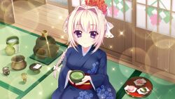 Rule 34 | 1girl, ahoge, blonde hair, blue kimono, bow, braid, breasts, chasen, cup, dot nose, film grain, floral print, flower, food, from above, furisode, game cg, green tea, hair bow, hair flower, hair intakes, hair ornament, holding, holding cup, indoors, izumi tsubasu, japanese clothes, kimono, large breasts, lens flare, long braid, long hair, looking at viewer, mole, mole under each eye, mole under eye, multiple moles, non-web source, object request, official art, purple eyes, re:stage!, red flower, red rose, red sash, rose, sash, seiza, shiratori amaha (re:stage!), shouji, single braid, sitting, sliding doors, smile, solo, sparkle, tatami, tea, wagashi, water, white bow, wooden floor