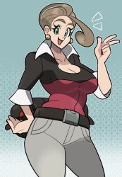 Rule 34 | 1girl, :d, alexa (pokemon), bag, belt, belt buckle, black bag, black shirt, blonde hair, blue background, breasts, buckle, cleavage, cowboy shot, creatures (company), earrings, eyelashes, game freak, gold earrings, gradient background, green eyes, grey pants, hand on own hip, highres, holding, holding bag, jewelry, large breasts, loveycloud, nail polish, nintendo, notice lines, open mouth, pants, patterned background, pokemon, pokemon xy, red nails, red shirt, shirt, short hair, sleeves past elbows, smile, solo, two-tone shirt, v, white background