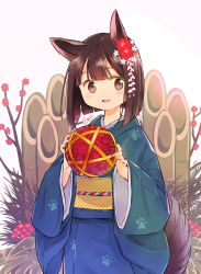 Rule 34 | 1girl, animal ears, ball, blush, brown hair, commentary, dog ears, fingernails, flower, hair between eyes, hair ornament, hands up, highres, holding, holding ball, japanese clothes, kadomatsu, kimono, looking at viewer, miya9, multicolored clothes, multicolored kimono, open mouth, original, paw print, paw print pattern, plant, short hair, solo, standing