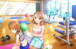 Rule 34 | 10s, 2girls, artist request, blue skirt, bracelet, brown hair, card (medium), exercise bike, closed eyes, green eyes, gym, hair ornament, hairclip, idolmaster, idolmaster cinderella girls, idolmaster cinderella girls starlight stage, jewelry, katagiri sanae, long hair, low twintails, medicine box, mirror, multiple girls, necklace, official art, open mouth, pantyhose, shorts, sitting, skirt, smile, twintails, wavy hair, yanagi kiyora