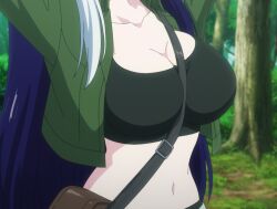 Rule 34 | 1girl, arms up, black shorts, blue hair, blush, breasts, cleavage, close-up, green jacket, head out of frame, highres, jacket, large breasts, midriff, navel, open clothes, open jacket, pointy ears, shorts, solo, stitched, tank top, the new gate, third-party edit, tiera lucent