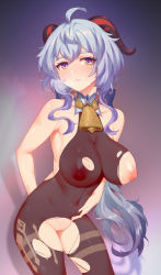 Rule 34 | 1girl, ahoge, bare arms, bell, black pantyhose, blue hair, blush, bodystocking, bodysuit, bow, breasts, cleavage, covered erect nipples, covered navel, full-face blush, ganyu (genshin impact), genshin impact, groin, h.carrrrrrot, hand on own stomach, heart, heart-shaped pupils, heavy breathing, highres, horns, large breasts, long hair, looking at viewer, neck bell, nipples, no gloves, pantyhose, parted lips, purple eyes, pussy, see-through, sidelocks, sleeveless, solo, standing, sweat, symbol-shaped pupils, thighlet, thighs, torn bodystocking, torn bodysuit, torn clothes, torn pantyhose
