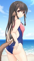 Rule 34 | 1girl, adjusting clothes, adjusting swimsuit, animal ears, ass, back, bare arms, beach, blue one-piece swimsuit, blue sky, braid, brown hair, butt crack, closed mouth, commentary request, competition swimsuit, cowboy shot, day, eyes visible through hair, from behind, hair between eyes, hair tubes, highres, light blush, long hair, looking at viewer, ocean, one-piece swimsuit, outdoors, paid reward available, red eyes, rulutieh, sky, smile, solo, split mouth, standing, straight hair, swimsuit, tail, tamba i, tareme, thighs, twin braids, utawarerumono, utawarerumono: itsuwari no kamen, very long hair