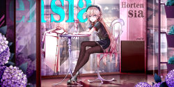 Rule 34 | 1girl, absurdres, anotoki ashi, black pantyhose, breasts, cafe, chair, commentary request, copyright request, hair between eyes, high heels, highres, in mouth, jacket, long hair, looking at viewer, medium breasts, pantyhose, pink hair, pumps, purple eyes, shoes, short sleeves, sitting, smile, solo, stiletto heels, table, wrist cuffs