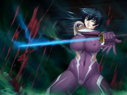 Rule 34 | 00s, 1girl, black hair, bodysuit, breasts, covered erect nipples, covered navel, female focus, game cg, glowing, glowing sword, glowing weapon, green eyes, holding, holding sword, holding weapon, huge breasts, igawa asagi, kagami hirotaka, large breasts, lilith-soft, long hair, parted lips, solo, sword, taimanin (series), taimanin asagi, taimanin asagi 3, weapon