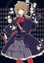 Rule 34 | 1girl, argyle, argyle background, argyle clothes, belt, black background, black capelet, black dress, black gloves, bow, bowtie, brooch, brown eyes, brown hair, capelet, commentary, cowboy shot, dress, epaulettes, flower, frilled skirt, frills, gloves, grey skirt, hand on weapon, jewelry, katana, looking to the side, meiko (vocaloid), parted lips, red bow, red legwear, sheath, sheathed, short hair, skirt, solo, standing, sword, vocaloid, weapon, white flower, yoshiki