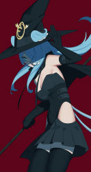 Rule 34 | 1girl, absurdres, black cape, black gloves, black skirt, black thighhighs, blue eyes, blue hair, breasts, cape, cleavage, covered navel, dragon girl, elira pendora, gloves, hair over one eye, hair wings, hat, highres, holding, holding polearm, holding weapon, karassawa, leotard, long hair, nijisanji, nijisanji en, polearm, red background, skirt, solo, thighhighs, thighs, virtual youtuber, weapon, witch hat