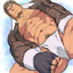 Rule 34 | 1boy, abs, bara, bare pectorals, body hair, brown coat, brown hair, bulge, chest hair, coat, facial hair, fingerless gloves, forked eyebrows, from below, fundoshi, fur-trimmed coat, fur trim, gloves, goatee, hairy, japanese clothes, large pectorals, loincloth, long sideburns, looking at viewer, male focus, male pubic hair, male underwear, manly, muscular, navel, navel hair, nipple slip, nipples, open clothes, open coat, pectorals, pubic hair, short hair, sideburns, sketch, solo, stubble, takabushi kengo, thick eyebrows, thick thighs, thighs, tokyo houkago summoners, underwear, white male underwear, yakisoba ohmori